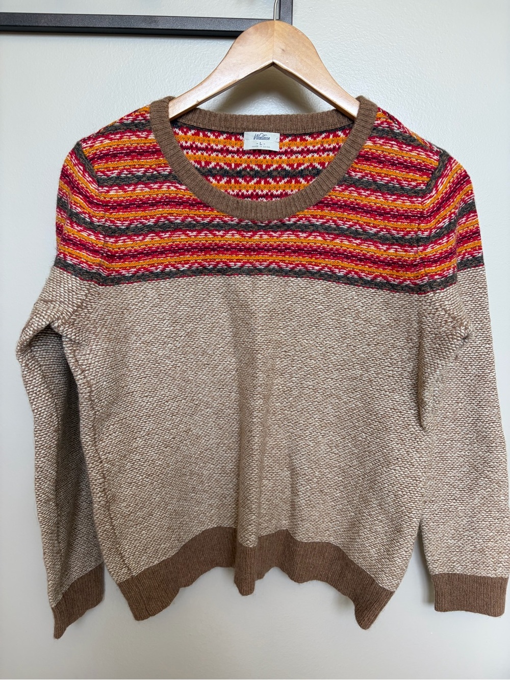 Tan Fair Isle Yoke Crewneck Sweater with Red & Pink Accents